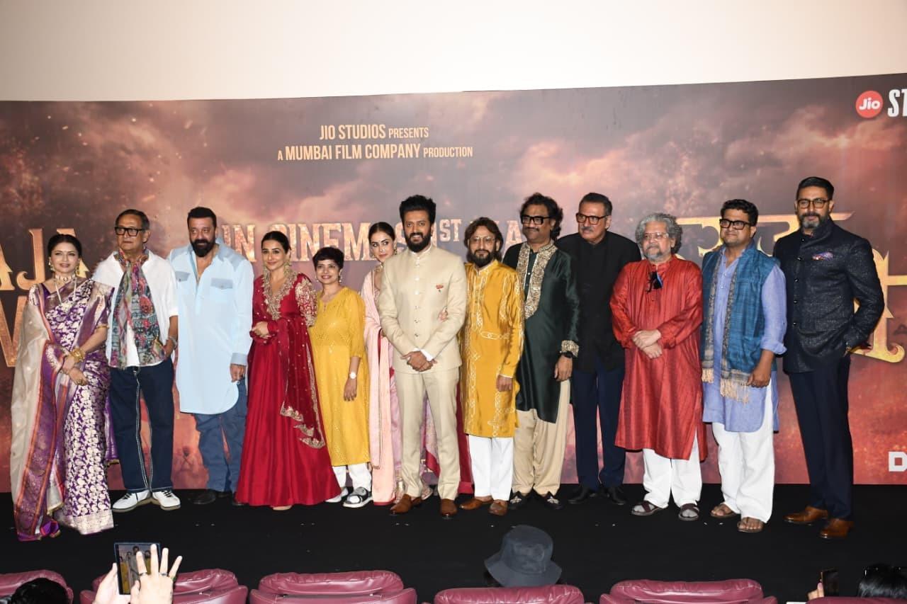 The team of Raja Shivaji, including Bhagyashree, Mahesh Manjrekar, Sanjay Dutt, Vidya Balan, Jyoti Deshpande, Genelia Deshmukh, Riteish Deshmukh, Ajay-Atul, Boman Irani, Amol Gupte, Jitendra Joshi and Abhishek Bachchan were seen posing at the trailer launch.